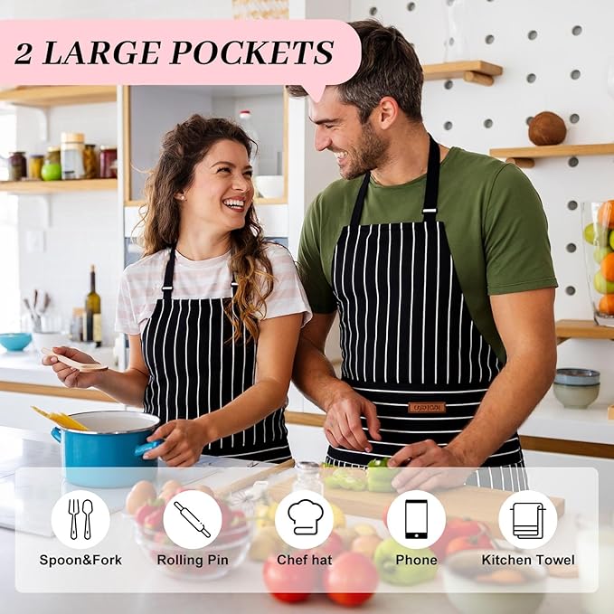 2Pack Adjustable Kitchen Apron for Women Men with 2 Pockets，Cotton-Polyester Blend Bib Aprons for Cooking,Baking