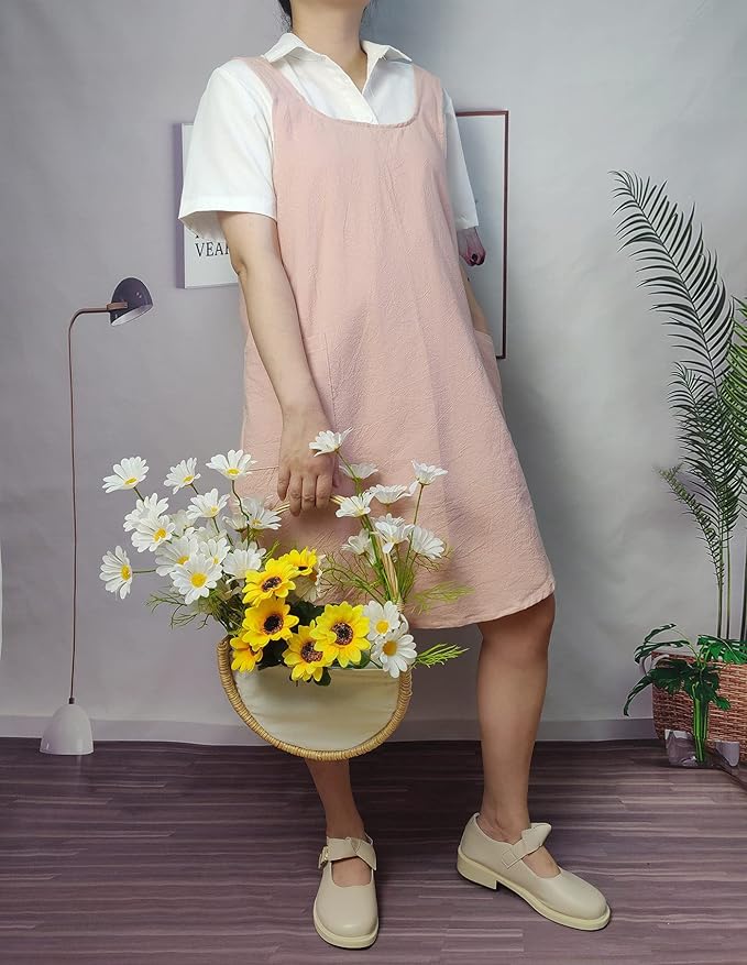 Cotton Cross Back Aprons Solid Color Cooking Kitchen Garden Smock for Women Girls with Pockets