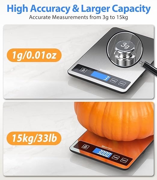Food Scale - 15kg/33lb Digital Kitchen Scale with Full-View LCD Display, Grams and Ounces, Easy Clean Stainless Steel, 6 Units with Tare Function, Precise for Baking, Cooking & Meal Prep, Black