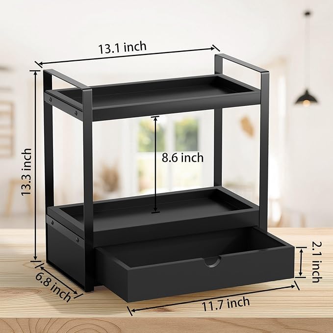 Boulphia 2-Tier Bathroom Organizer Countertop with Drawer, Wood Bathroom Counter Shelf for Storage, Vanity Organizer Countertop for Kitchen, Office
