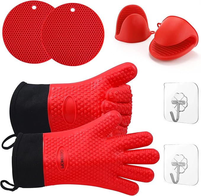 GEEKHOM 8PCS Extreme Heat Resistant Silicone BBQ & Oven Gloves Set to 446°F with Mitts, Trivet, Grips, Hooks for Grilling & Baking