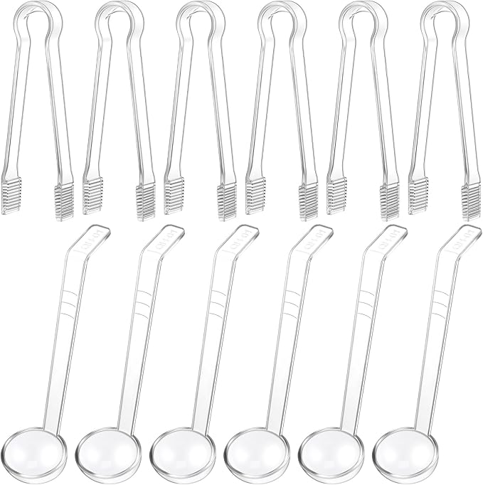 12 Pieces Plastic Serving Utensils Set Including 6 Pcs 1 oz Small Ladle and 6 Pcs Tong Acrylic Long Handle Ladle for Serving Sauce, Soup, Dressing, Punch Bowl, Gravy for Party Banquet Catering(Clear)