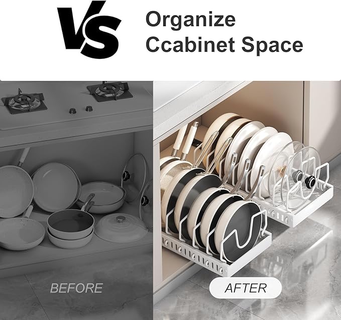 Pots and Pans Organizer Under Cabinet 2 Pack, Pull-Out Cabinet Organizer for Pot Lids, Bakeware, Dishes, 8 Adjustable Dividers (White