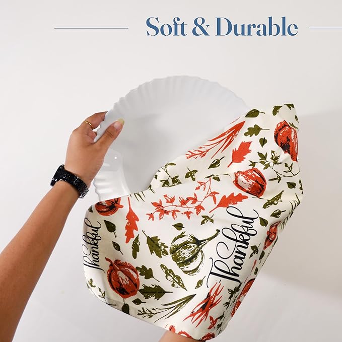The Fine Living Company Set of 2 Thankful Printed Dish Towels, Hand Towels, Boho Tea Towels - Multifunctional, Stylish, Absorbent, Quick Dry, Soft 18" x28", 100% Cotton, Rust & Olive