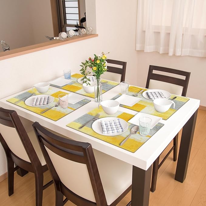 Emvency Farmhouse Placemats Set of 4, 12x18 Inch Modern Grey White and Yellow Art Painting Table Mats for Outdoor Home Party Kitchen Dining Decoration