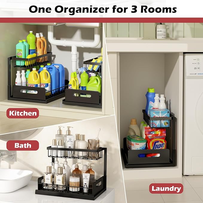 REALINN Under Sink Organizer, L-Shaped 2 Tier Pull Out Cabinet Organizer for Kitchen and Bathroom, Slide Out Under Cabinet Storage, Metal Under Sink Storage with Sliding Drawer, 50 lbs, Black 2 Pack