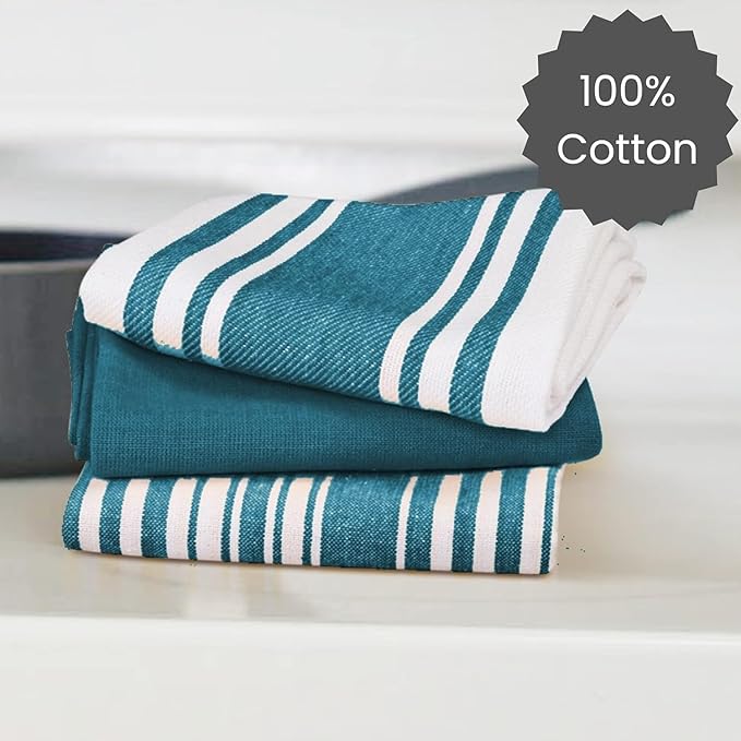 Cotton Clinic Assorted Kitchen Towels 5 Pack – Soft Absorbent Quick Drying Table & Kitchen Linen - Dish Towels, Dish Cloths, Tea Towel and Cleaning Towel with Hanging Loop – 16x28 / Teal Green White