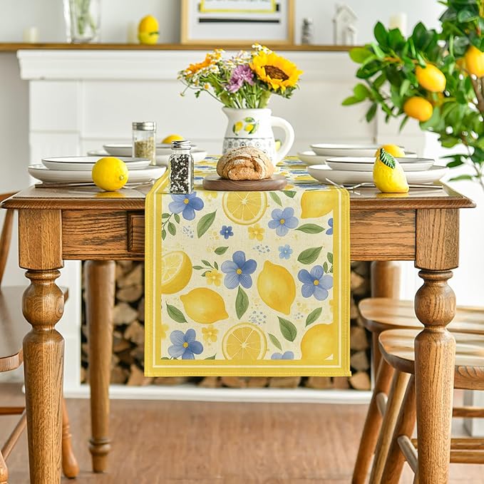 Artoid Mode Lemon Flowers 210 GSM Summer Table Runner, Seasonal Spring Kitchen Dining Table Decoration for Home Party Decor 13x48 Inch