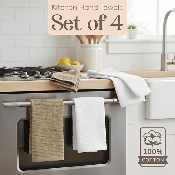 MosJos Kitchen Hand Towels Set of 4 Cotton Ribbed Taupe and White Hand Towels, 18 x 28 Super Absorbent Drying Cloth Kitchen Linens