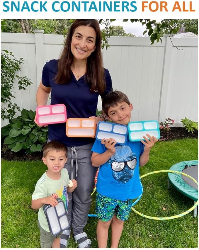 Small Snack Containers for Kids Toddlers - 3 Compartments (Set of 2) - Leak-Proof Reusable Boxes with Lids - BPA-Free Plastic Mini Bento Lunch Box - Ideal for School, Holds 2 Cups (Teal Blue+Orange)