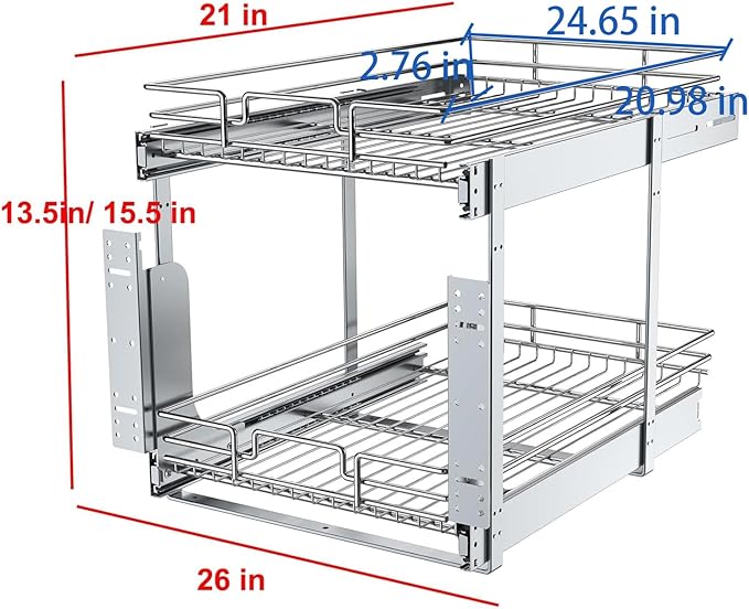 2 Tier Pull Out Cabinet Organizer, 26" W x 21" D Heavy-Duty Metal Sliding Drawer Shelf for Kitchen Cabinets, Chrome, Doesn't Include Door Fittings