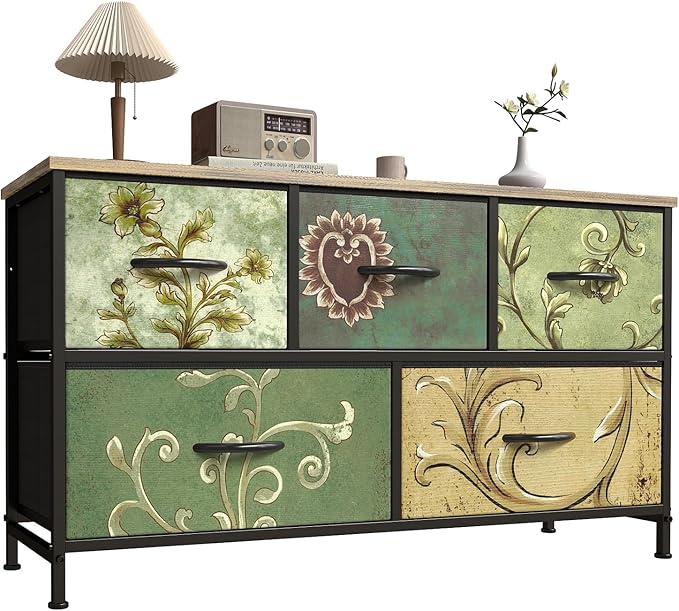OLIXIS Dresser for Bedroom with 5 Drawers, Wide Chest of Drawers, Fabric Bedroom Dresser with Drawer Organizer, Storage Organizer Unit with Fabric Bins for Closet, Living Room, Hallway, Flower
