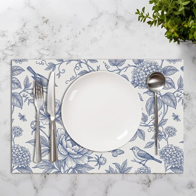 Hydrangea Flowers Branches Chinoiserie Spring Placemats Set of 4, 12x18 Inch Blue White Vintage Floral Bird Table Mats for Party Kitchen Dining Decoration, Washable Non-Slip Heat Resistant Place Mats