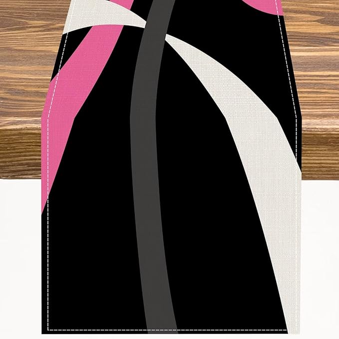 Abstract Geometric Table Runner Pink Grey and White Striped Black Background Modern Kitchen Dinner Runner for Indoor Home Living Room Party Dining Table Decoration 13"x70"