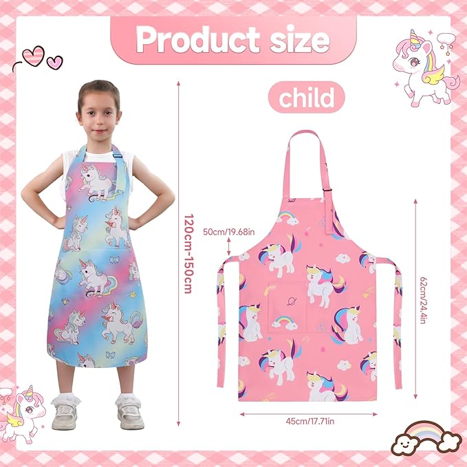 2 Pack Kids Apron, Cute Cooking Aprons, Waterproof Art Apron with Pockets, Toddler Painting Artist Apron Adjustable