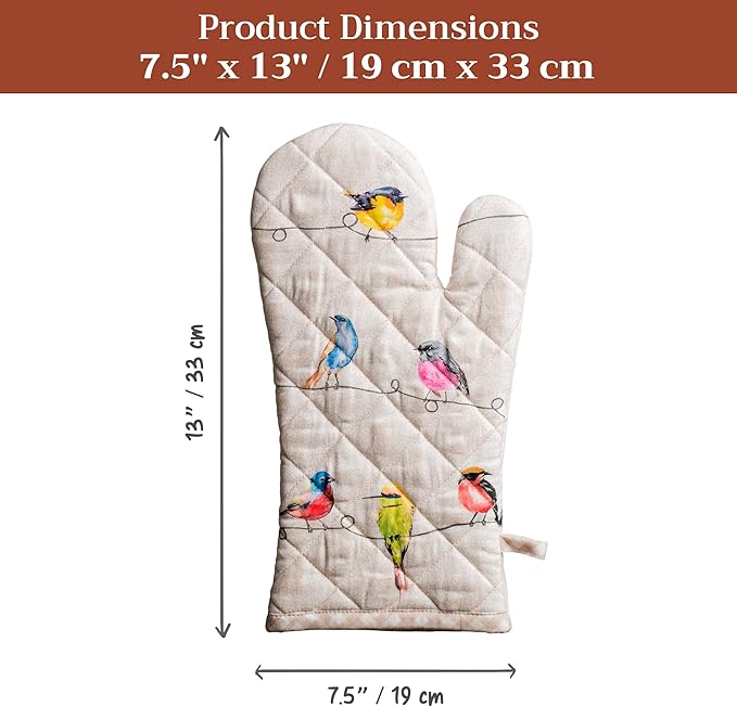 Maison d'Hermine Oven Gloves 100% Cotton Oven Mitt 7" x 13" with Loop Heat Resistant, BBQ, Cooking Gloves, Baking, Grilling, Kitchen, Handling Hot Pans Spring/Summer (Pack of 1, Birdies On Wire)