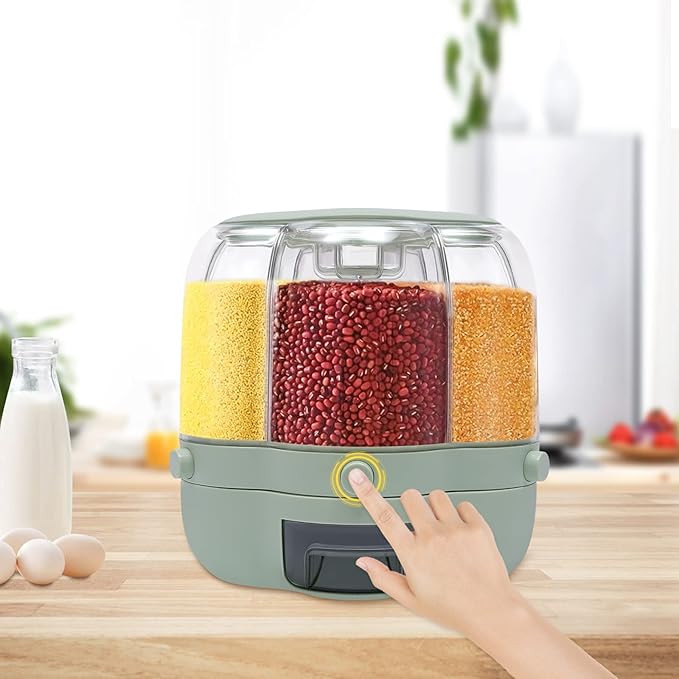 360° Rotating Grain Dispenser With 6 Grids, 13.2lbs Large Capacity Grain Dispenser Rotating Kitchen Storage Containers With Sealed Lid For Peanut Barley Millet And Cereal (Matcha green, 17.6 lbs)