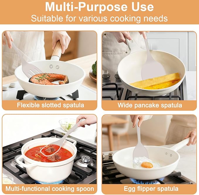 Silicone Spatula Turner Set, 4 Pack, 600°F Heat Resistant Cooking Spatulas, Spoons, BPA Free & Non-Stick Kitchen Utensils, Ideal for Flipping Egg, Pancake, and Serving, Dishwasher Safe (Khaki)