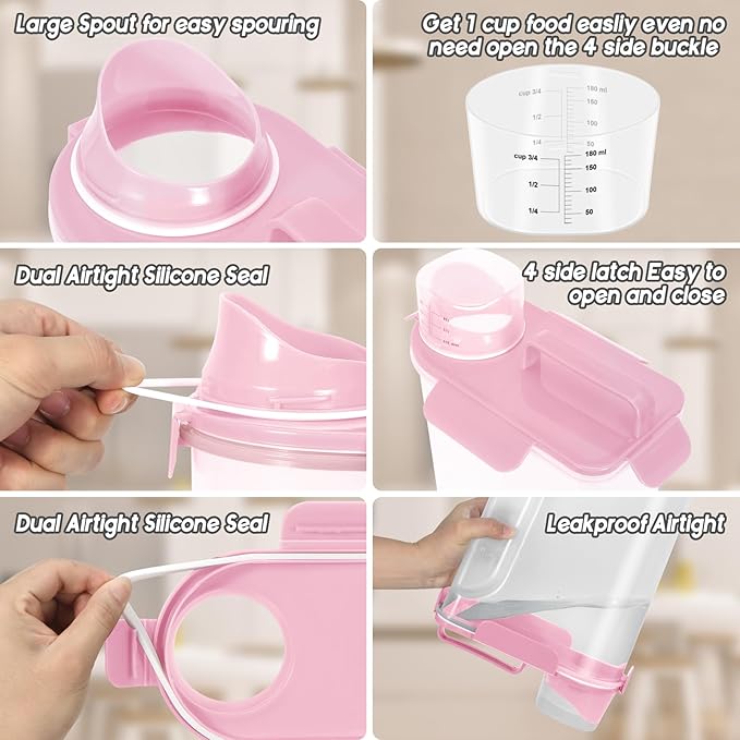 LEAWALK 5-7Lbs Dog Cat Food Storage Container with Upgraded Large Nozzle BPA-free, 4 Snap Seals Plastic Pet Food Storage Containers with Handles (Light Pink, 5L-1pack)