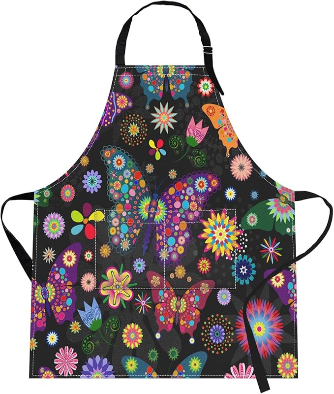 Britimes Butterfly Apron Floral Colorful Butterflies Flowers Aprons Kitchen Cooking Gardening for Women With Pockets
