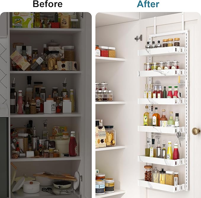 bukfen Over the Door Pantry Organizer, 6-Tier Adjustable Basket Kitchen Pantry Door Organization and Storage, Heavy-Duty Metal Hanging Kitchen Spice Rack, D6.3 x W17.32 x H50.60 inch, 1 Pack