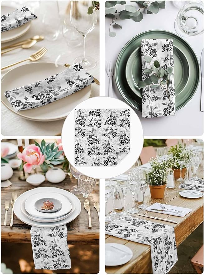 Black Grey Cloth Napkins Set of 6 - Washable Dinner Napkins Reusable Table Napkins for Home Party Weeding Dining Table Setting Decoration,Oversized 20"x20" Spring Modern Herb Wildflower Floral Plant