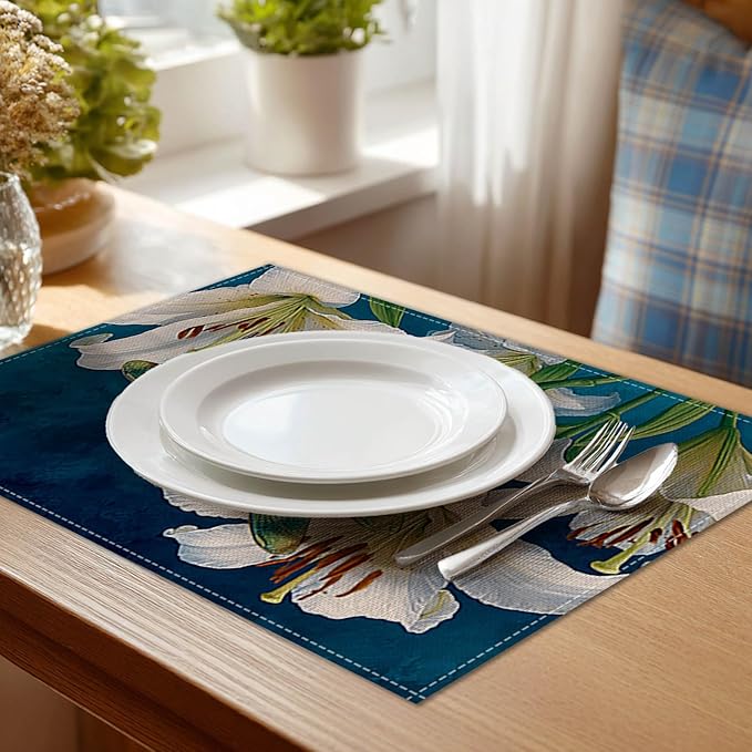 HOMETITUTE Dragonfly Linen Placemats Set of 4 12x18 inch Spring Table Mats for Dining Table Farmhouse Lily Art Decorations Kitchen Decor Desk Mat for Outdoor Home Party Kitchen Seasonal Dining Decor