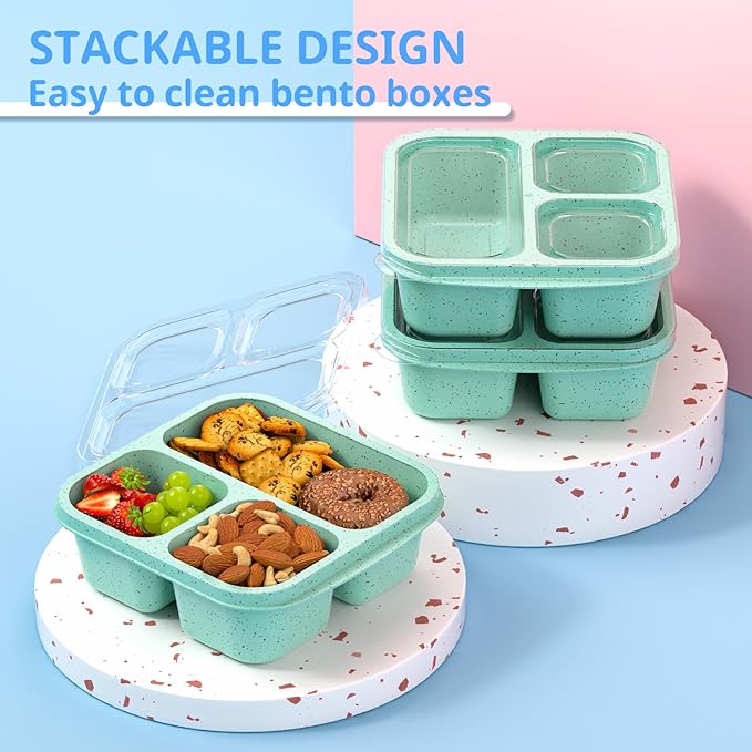 Snack Boxes (3 Pack) - Stackable Bento Boxes with 3 Compartments, Meal Prep Containers Reusable, Lightweight Lunch Containers for Kids and Adults, BPA Free (Green)