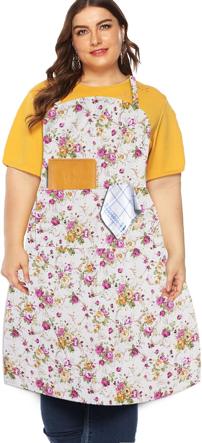 Sanlykate Extra Large Canvas Cotton Apron for Men & Women, Plus Size Durable Aprons with 2 Pockets, Adjustable Bib Machine Washable Oversized Aprons for Baking, Cooking, Painting - Pink Rose