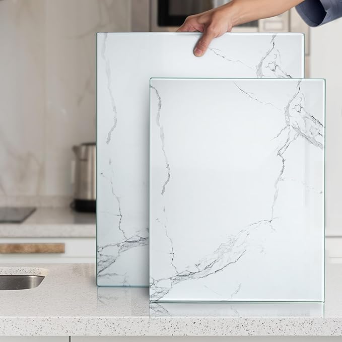 Kitchenville Glass Cutting Board 16"x12": Tempered Glass Kitchen Counter Protector - Durable- Scratch-Resistant, Heat-Proof - Design 2 - White Marble Effect