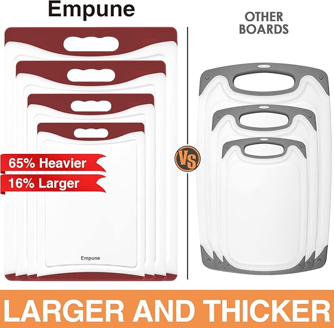 Empune Extra Large Cutting Boards, Plastic Cutting Boards for Kitchen (Set of 4) Cutting Board Set Dishwasher Safe Chopping Board with Juice Grooves Easy-Grip Handles, Red