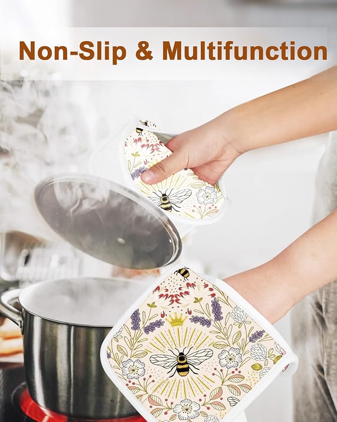 Swooflia 100% Cotton Pot Holders 2 Pack Set for Kitchen with Pockets - Cute 440°F Heat Resistant Oven Hot Pads Heavy Duty for Countertop Home Cooking Baking Microwave BBQ Bee