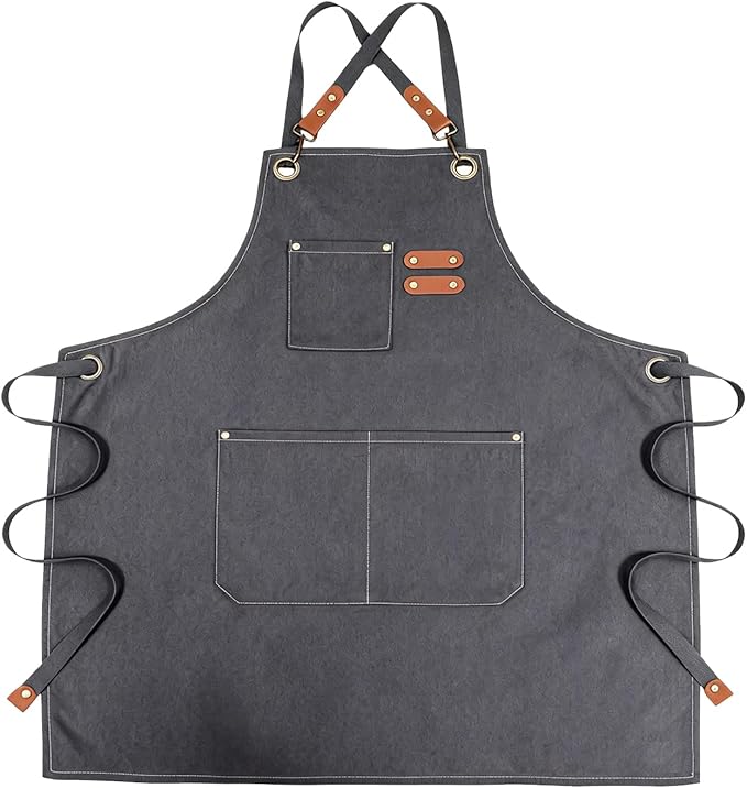 Chef Apron with Large Pockets for Women Men, Cotton Canvas Cross Back Water Repellent Adjustable Work Apron