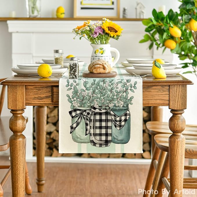 Artoid Mode Buffalo Plaid Eucalyptus Vases Summer Table Runner, Spring Kitchen Dining Table Decoration for Home Party Decor 13x72 Inch
