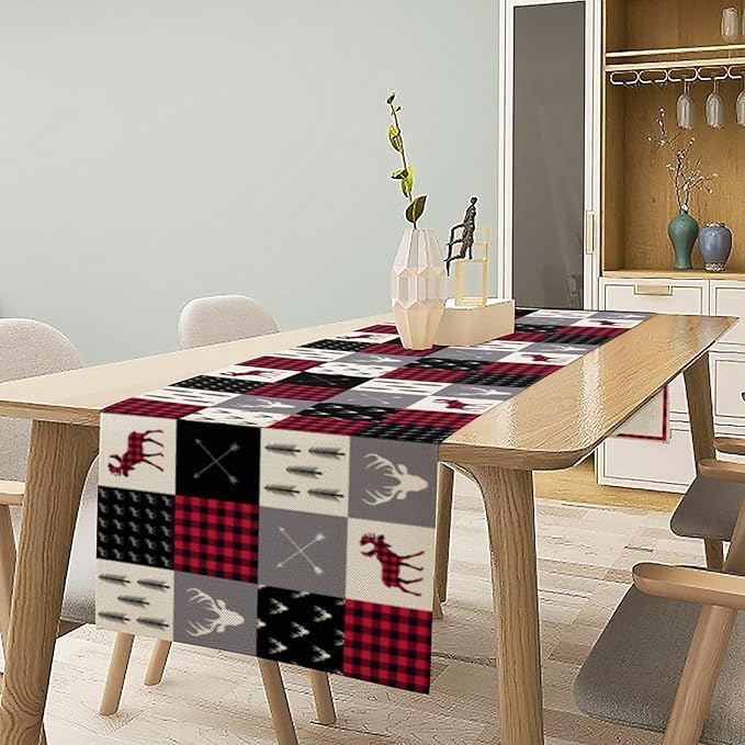 Bear Deer Table Runner, Vintage Rustic Farmhouse Cabin Animal Buffalo Plaid Art Printed Runner for Home Kitchen Dining Table Living Room Decor Fabric 1 Panel W13xL60in