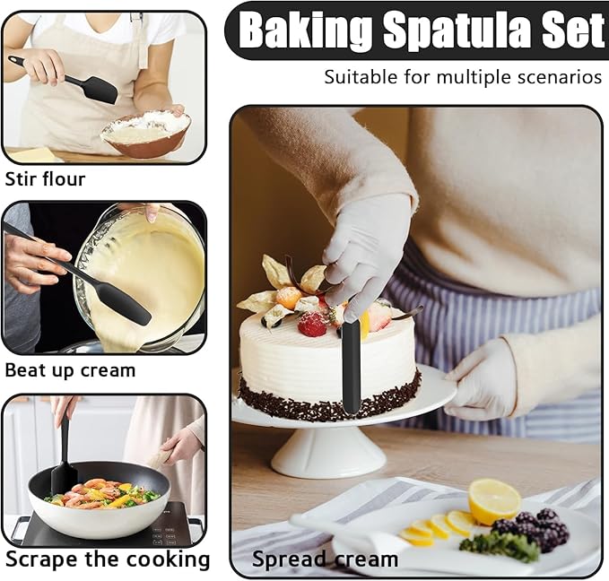 Oven Mitts with Heat-Resistant Hot Pads and Five Silicone Spatulas Designed for Kitchen Baking Cooking, Oven Glove Soft Cotton Lining, Waterproof, BPA-Free (Gun Black)