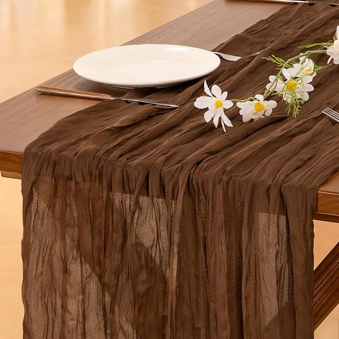 Socomi 2pcs Brown Coffee Easter Spring Cheesecloth Table Runner Boho Rustic Gauze 120 inch 10FT Cheese Cloth Runner for Wedding Party Baby Shower Birthday Home Decor Holiday Decorations