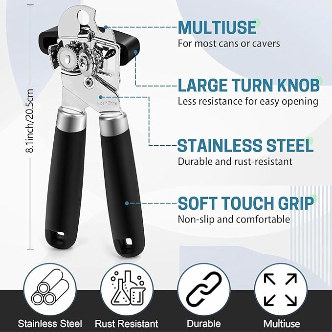 Can Opener Manual for Seniors Heavy Duty, Commercial Cans & Bottles Opener for Big Cans, Easy and Safety Can Opener for Kitchen and Camping, Built-In Magnet Lid Lifter, Black