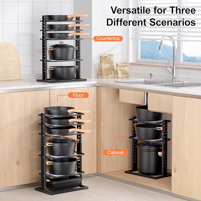 LAMU Pots and Pans Organizer for under Cabinet, 6-Tier Heavy Duty Pan Pot Organizers inside Cabinet Adjustable 14 to 24.57", Pot Rack Kitchen Cabinet Organization and Storage Holds up to 12" Cookware