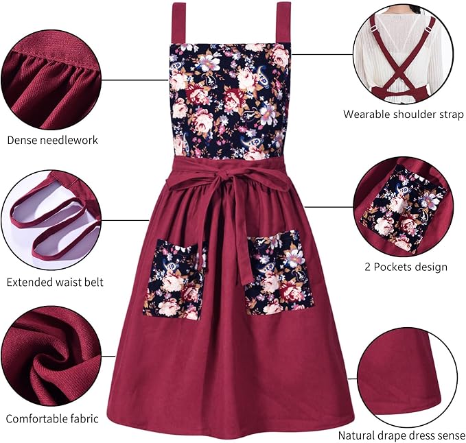 Pinknoke Vintage Pinafore Apron Dress for Women with Pockets Cute Floral Chef Aprons for Kitchen Cooking Baking Gardening