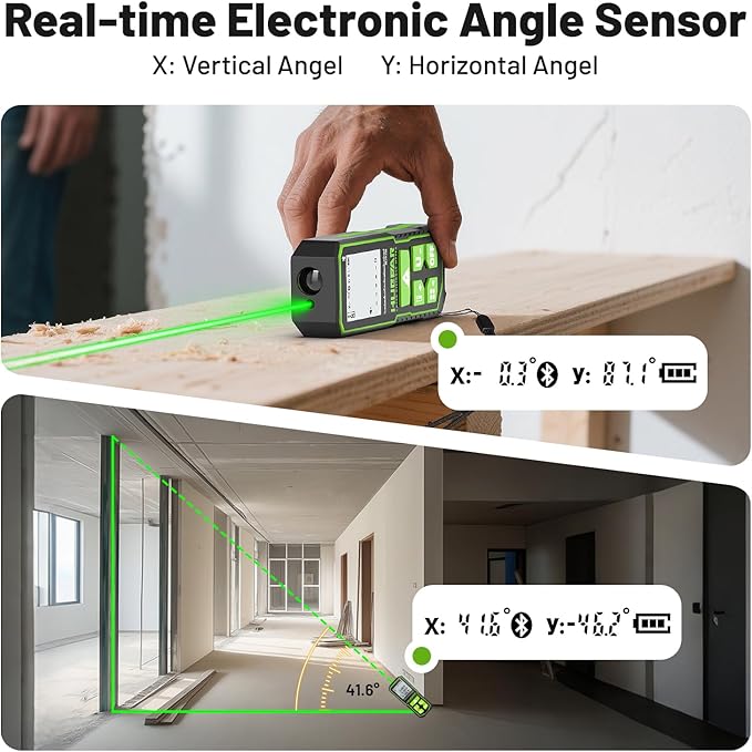 Huepar 330Ft Green Laser Measurement Tool with APP Control, Rechargeable Bluetooth Distance Meter ±1/16" High Accuracy, Angle Sensor, Multiple Modes, IP54 Waterproof Durable for Home & Construction