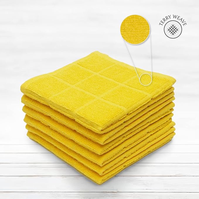 100% Cotton Terry Dish Cloth & Dish Towel, 8 Pack, Super Soft and Absorbent Kitchen Towels, Perfect for Kitchen Cleaning and Dish Washing (Yellow (Solid and Checks) 8 Pack)