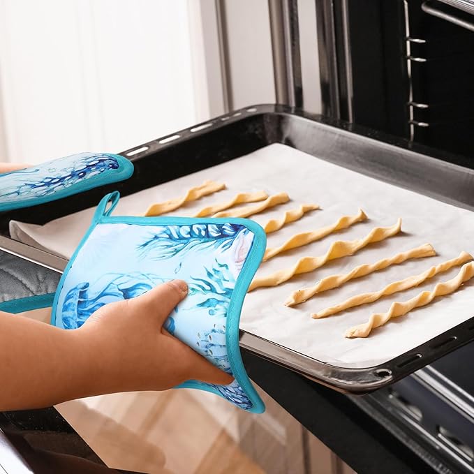 Bencailor 12 Pcs Pot Holders with Pocket Kitchen Hot Potholders Hot Pad Oven Mitts Cookie Bag Oven Gloves for Kitchen Gift Baking Cooking(Blue,Marine Animal)