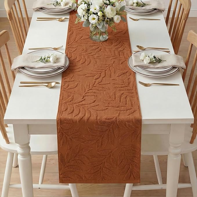 Artoid Mode Caramel Soft Cotton Jacquard Leaves Spring Table Runner, Holiday Kitchen Dining Table Decoration for Home Party Decor 13x72 Inch
