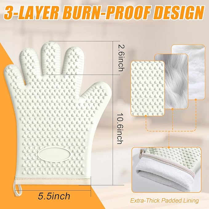 2Pack Heat Resistant Oven Mitts for Grilling and Baking, Non-Slip Silicone Gloves, Waterproof Kitchen Mitts with Flexible Fit & Easy to Clean Design, White