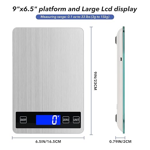 33lb Food Kitchen Digital Scale,1g/0.05oz Precise Graduation, USB Charging Kitchen Scale, Waterproof Stainless Steel with LCD Display, Ounces and Grams for Weight Loss, Cooking, Baking (Silvery)