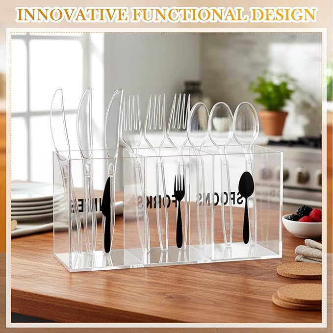 Suzile Acrylic Cutlery Storage Organizer Plastic Utensil Holder Clear Silverware Organizer 3 Section Tableware Storage Box Countertop Holder Party Flatware Caddy for Kitchen (10" X 4.72" X 3.54")