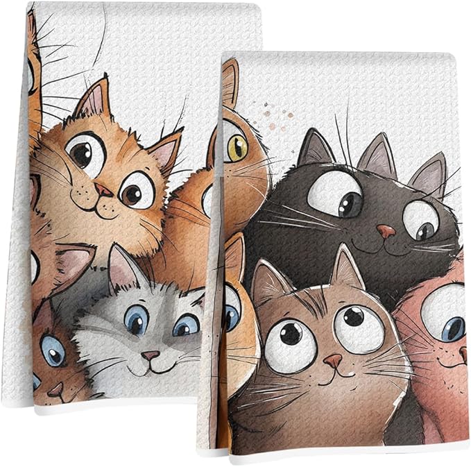 2 Pcs Cute Cat Kitchen Towels, Cats Soft Absorbent Hand Tea Towel, Microfiber Dish Cloths for Drying Dishes, Waffle Dish Towels for Kitchen Home Bathroom Decor, Cat Lover Gifts for Women Mom