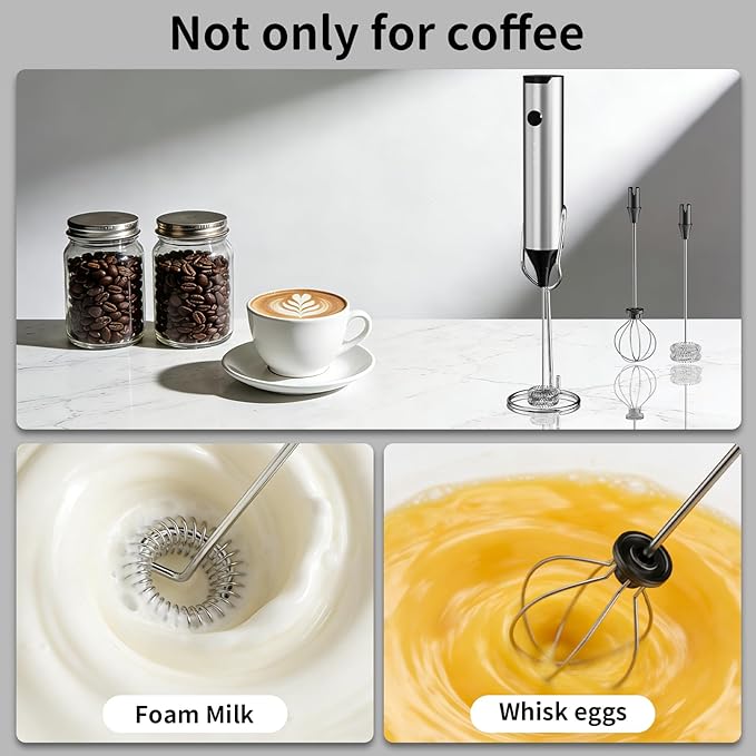 Milk Frother Handheld Rechargeable, Hand Frother with Stand, Drink Mixer Frother Wand Electric Whisk Stirrer for Coffee, Latte, Matcha, Cappuccino, Hot Chocolate, Kitchen Gifts - Stainless Steel