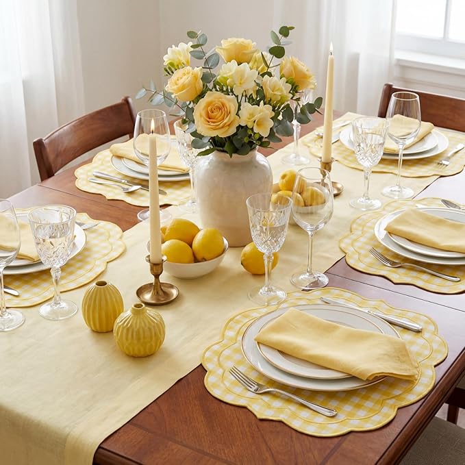 Breling Set of 6 Yellow Gingham Placemats Scalloped Embroidered Cotton Linen Placemats 17" x 13" Double Layered Machine Washable Table Place Mat for Wedding Birthday Baby Shower Party Table Decor